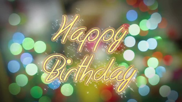 Shiny Happy Birthday message on colorful background, creative greeting, present