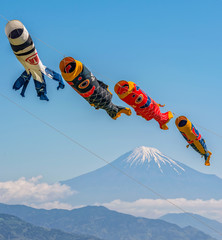 Colorful flying carp flag over mount Fuji on Children's day in Japan.
