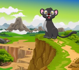 Naklejka premium funny black panther cartoon with beauty mountain landscape background