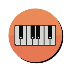 orange button with piano keyboard musical instrument icon inside over white background. vector illustration