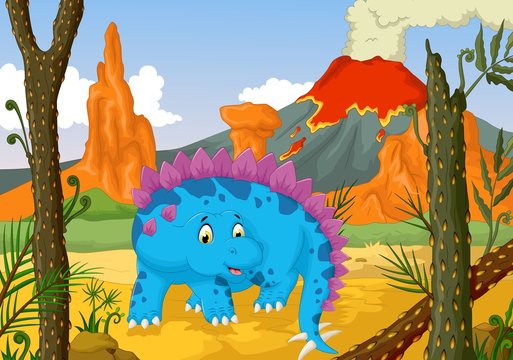 funny stegosaurus cartoon with forest landscape background