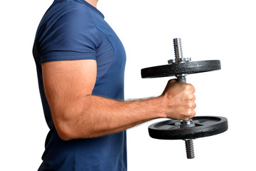 Fototapeta na wymiar Man exercising biceps muscle with dumbbell on white background.
