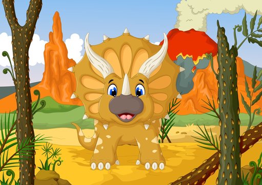 funny Triceratops cartoon with forest landscape background