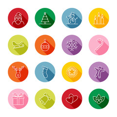 Christmas and new year icon set vector illustration - white outline on colorful circle with long shadow