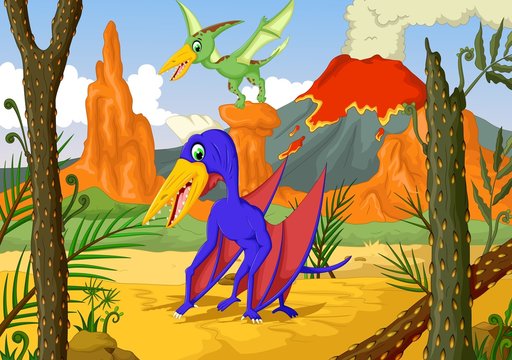 funny two pterodactyl cartoon with forest landscape background