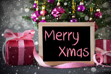 Fototapeta na wymiar Tree With Gifts, Snowflakes, Bokeh, Text Merry Xmas