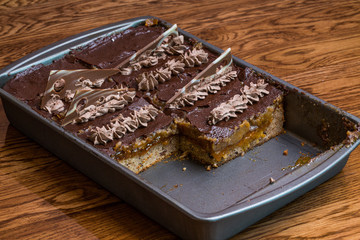 cake with chocolate frosting in baking pan
