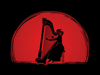 Harp player designed on sunset background graphic vector.