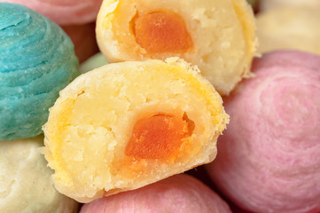 Chinese dessert called 'Pia',ancient dessert Made from flour to Baking heat Mashed golden beans stuffed with salted egg yolk,Chinese pastry, Traditional delicious cake in asia,pastel color