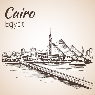 Cairo tower on the river Nile - skyline, Egypt. Sketch.
