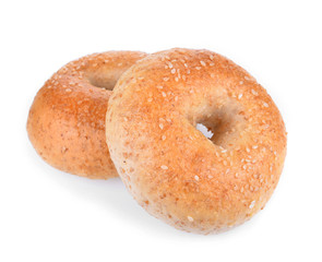 Sesame seeded bagel viewed from above isolated against white