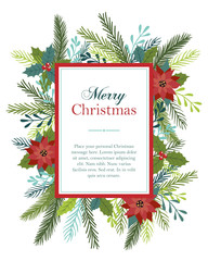 Merry Christmas message with a border of flowers, holly and fir. - 125783557