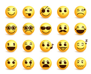 Smiley faces vector emoticons set with funny facial expressions in yellow color isolated in white background. Vector illustration
