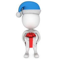 White small man in santa claus cap stand with gift