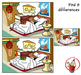 Sleeping mouse. Find 8 differences. Educational game for children. Cartoon vector illustration