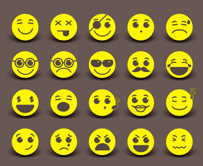 Fototapeta premium Yellow smileys faces icon and emoticons with facial expressions and emotions in flat paper cut circle. Vector illustration. 