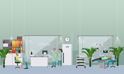 Dental clinic interior concept. Dentist works with patient vector poster