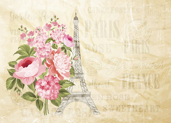 Eiffel tower icon with spring blooming flowers over old paper background with sign Tour Eiffel. Wedding romantic card. Vector illustration.