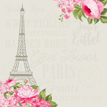 Eiffel tower simbol with spring blooming flowers over gray text pattern with sign Paris Eiffel Tower. Vector illustration.
