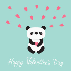 Kawaii Panda baby bear. Cute cartoon character holding pink heart. Happy Valentines day text. Love greeting card. Flat design. Blue background.