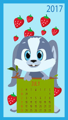 New calendar. July. Vector illustration with funny rabbit.