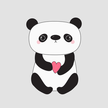 Kawaii panda baby bear. Cute cartoon character holding pink little heart. Wild animal collection for kids. Gray background. Love card. Flat design.