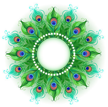 Mandala of green peacock feathers
