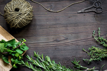 fresh herb frame on dark wooden background top view
