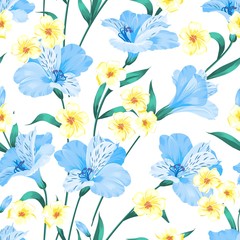 Fototapeta na wymiar Seamless tropical flower. Tropical plumeria and green leaves. Blue flowers with plumeria isolated over white background. Blossom plumeria for seamless pattern background.