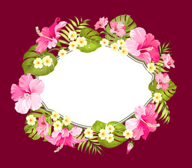 Tropical flower wreath with place for invitation card text. Happy holiday card with floral garland. Summer holiday invitation card isolated over red background. Vector illustration.