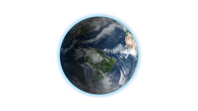 Realistic Earth Rotating on White (Loop). Globe is centered in frame, with correct rotation in seamless loop. Texture map courtesy of NASA.
