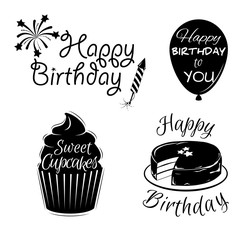 Happy birthday vintage set label. Cupcake, balloon, cake, fireworks.