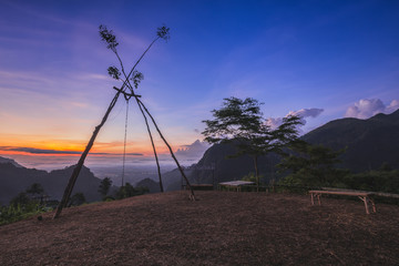 Doi pha mee national park covered by morning fog and sunrise at