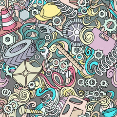 Cartoon cute doodles hand drawn Auto service seamless pattern.