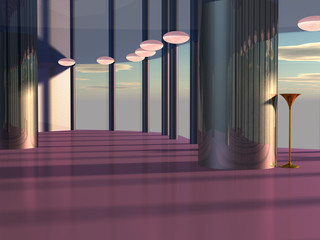3d render of luxury cosmic interior cafe sunset sunlit