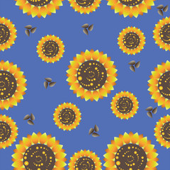 Sunflowers on a blue background. Seamless pattern. Design for textiles, tapestries, glassware, ceramics, packaging material.