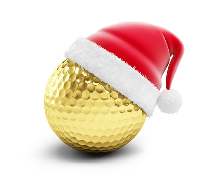 Gold Golf Ball Sant Hat On A White Background 3d Illustrations