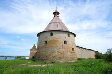 Fototapeta na wymiar Golovin's tower close up in the august afternoon. Fortress Nutlet, Shlisselburg