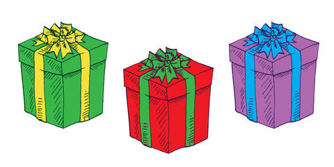Gift boxes set. Hand drawn doodle vector, pop art, comic style illustration 