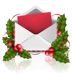 Open envelope for Christmas with empty red paper, and holly leaf and berry, for message and greeting