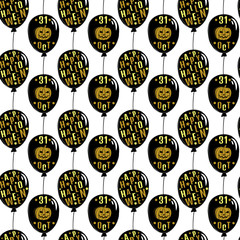 Vector seamless Halloween pattern. Black balloons with the image of a gold pumpkin and inscriptions about Halloween. Beautiful vector background in sketch style for decoration halloween designs. 