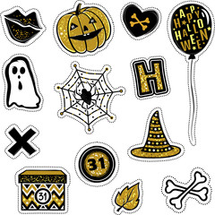 Halloween collection vector stickers with pumpkin, heart, bones, ghost, spider, gift box, balloon. Set with cartoon elements decoration halloween designs. Comic and sketch style patches kit.