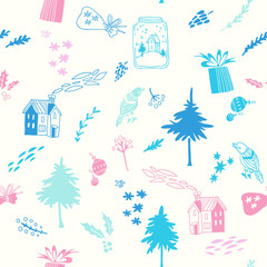 New Year vector seamless pattern with cute houses, trees and floral elements.  Hand drawn texture with Christmas symbols. Doodle style