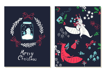 Merry Christmas lettering. Greeting cards set with christmas symbols. Hand drawn illustration of squirrels and jar with snow. Doodle style.