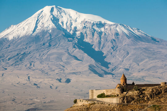 Ancient Armenian church Khor Virap with Ararat on the background