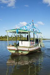 Fototapeta na wymiar Colorful Brazilian fishing boat anchored in shallow water off the coast of Bahia Nordeste Brazil