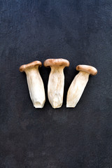 Three king oyster mushrooms on dark gray slate background