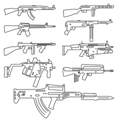 Firearm set. Automatic rifle, machine gun. Outline linear versio