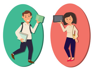 Man holding books and woman holding tablet vector illustration.