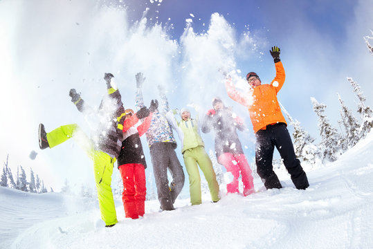 Group friends ski snowboard skiing snowboarding concept